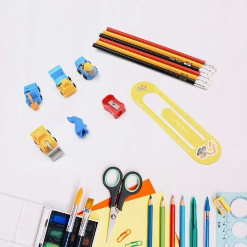 4547 Pencil and Eraser Set, Construction Truck Theme Stationery Kit Includes 6 Pencils, 4 Erasers, 1 Sharpener, 1 Ruler Bookmark, 1 Pencil Cap...