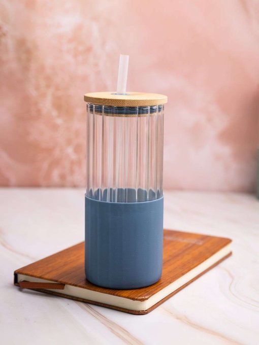Borosilicate Glass Tumbler with Blue Silicone Sleeve - 350Ml