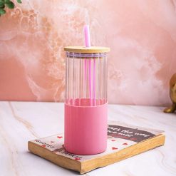 borosilicate glass tumbler with pink silicone sleeve 350ml 1 Borosilicate Glass Tumbler with Pink Silicone Sleeve - 350Ml