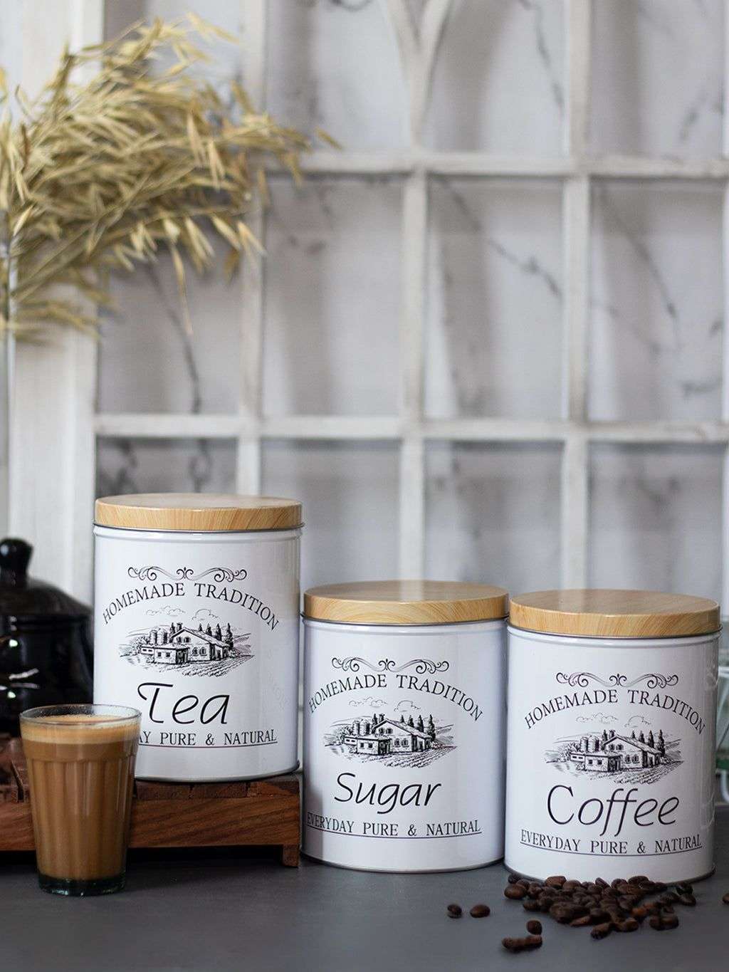 Coffee, Tea & Sugar - Metal Jar Set Of 3, Cylindrical & 1600Ml, 3 Coffee, Tea & Sugar - Metal Jar Set Of 3, Cylindrical & 1600Ml,