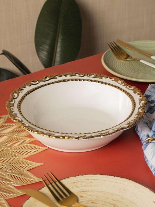Golden Edge Glazed White Ceramic Dish