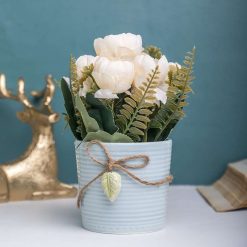 Pink Rose Fake Flowers With Light Blue Pot