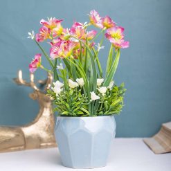 pink rose fake flowers with sky blue pot 1 Pink Rose Fake Flowers With Sky Blue Pot