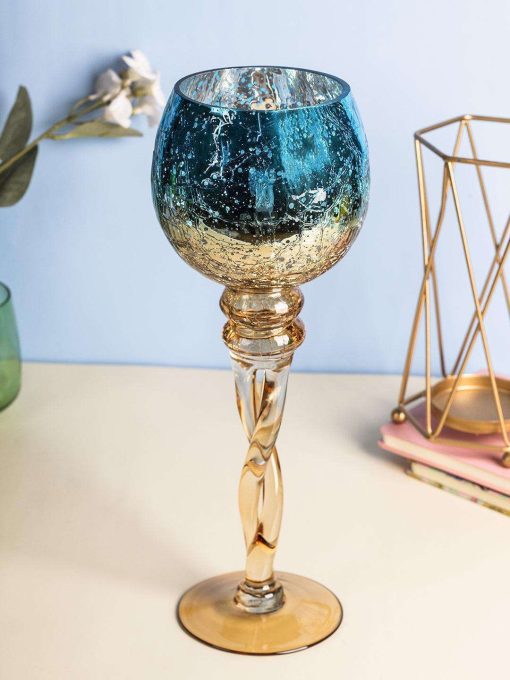 Decorative Skyblue Tined Glass Candlestick Holder