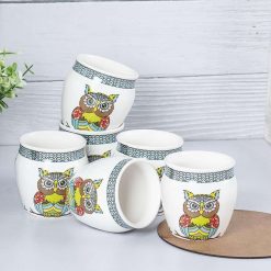 Owl Printed Ceramic Kullad, (Each 130 mL, Set Of 6 Pcs)