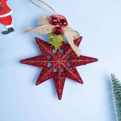 Red Star With Bow - Christmas Hanging Ornament - Star Set Of 2 Pcs