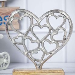 Silver Hearts Sculpture on a Wooden Base