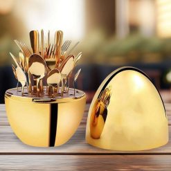 Premium Cutlery Set 24 Pcs with Oval Shaped Stand | Beautiful Stylish Oval Designed Cutlery Sets, Egg-Shaped Luxury Spoon Holder Set  (Golden / 24...
